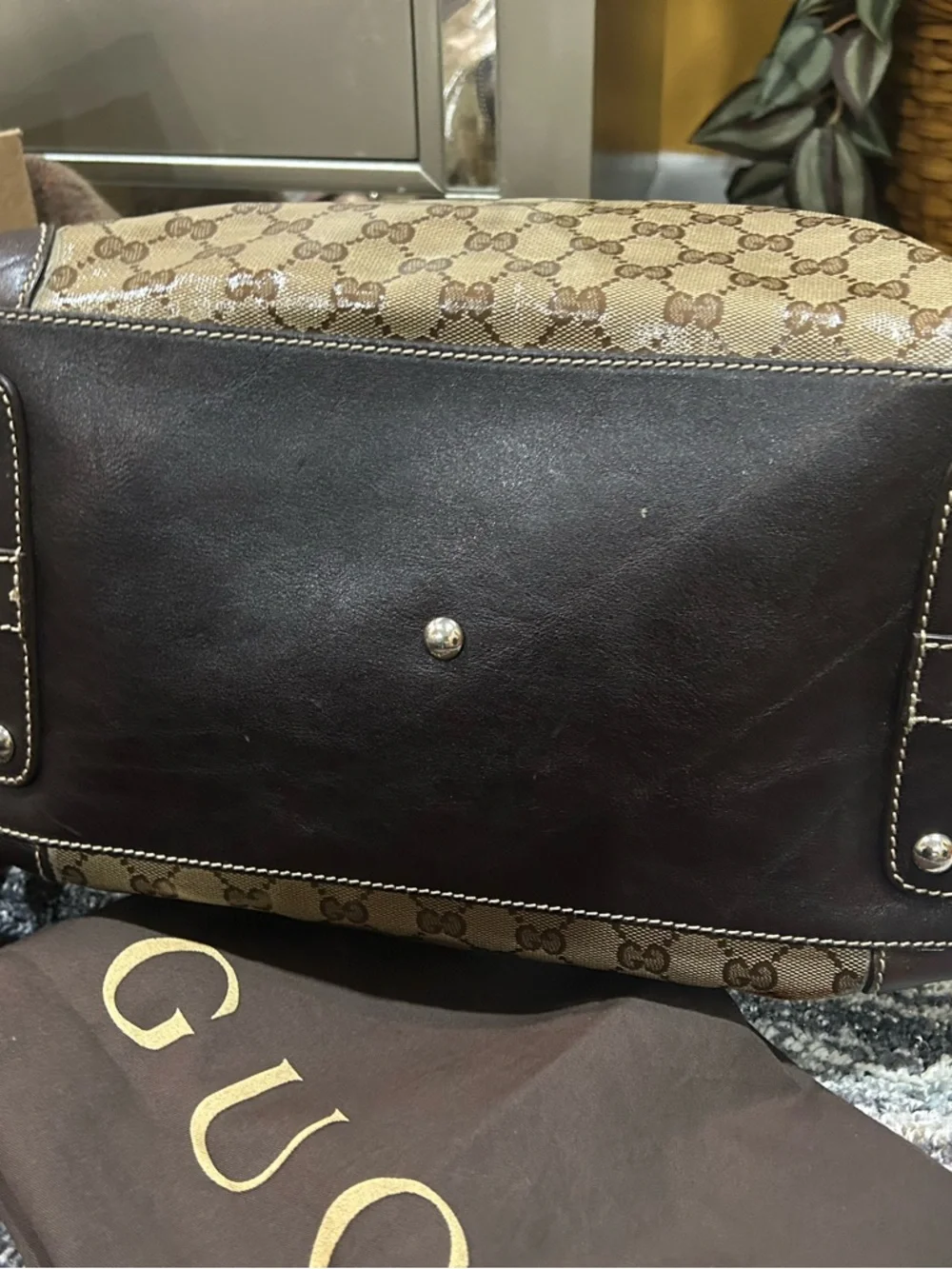 Gucci Boston Brown Tan GG Coated Canvas Shoulder Bag with Dark Brown Trim! - Picture 6 of 16